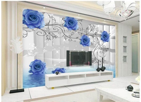 

3d p wallpaper custom 3d wall murals wallpaper blue rose reflection space tv backdrop wall living room decor1