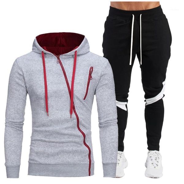 

fall / winter 2020 casual men's zipper fleece hoodie + sewing pants set fashion sports men's solid casual wear1, Gray