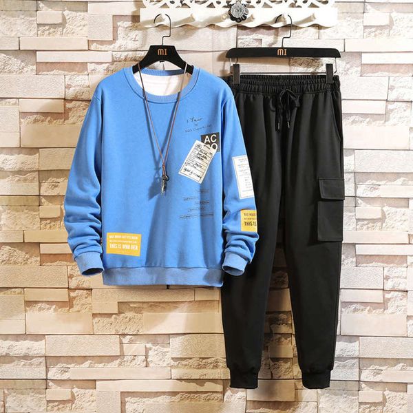 

crew spring 2020 loose new korean neck sweater set fashion men's work wear pants sports suit, Gray