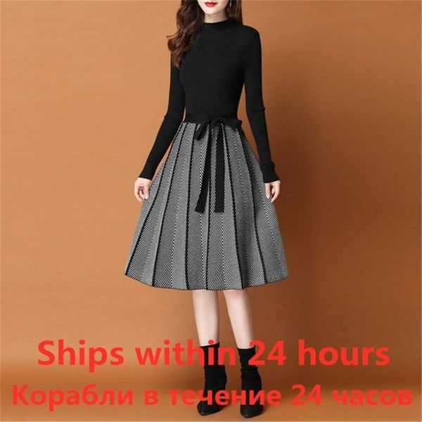 

women dress simple elegant dress spring autumn winter o-neck long sleeve a-line knitted midi dress plus size vestidos de festa 201028, Black;gray
