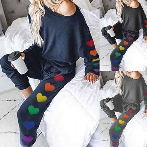 

pants long sleeve style love loose casual printed suit available in three colors, Black;gray