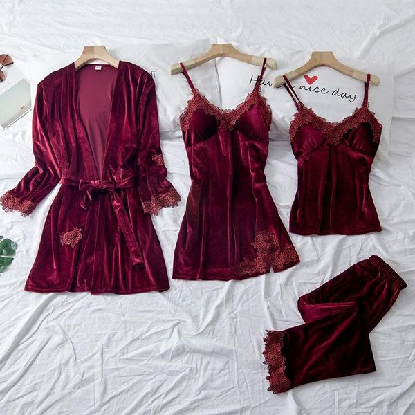 

women pajamas suits ladies sleepwear nightwear pants slip dress home suits pyjama lace 4pcs sets -xxl1, Black;red
