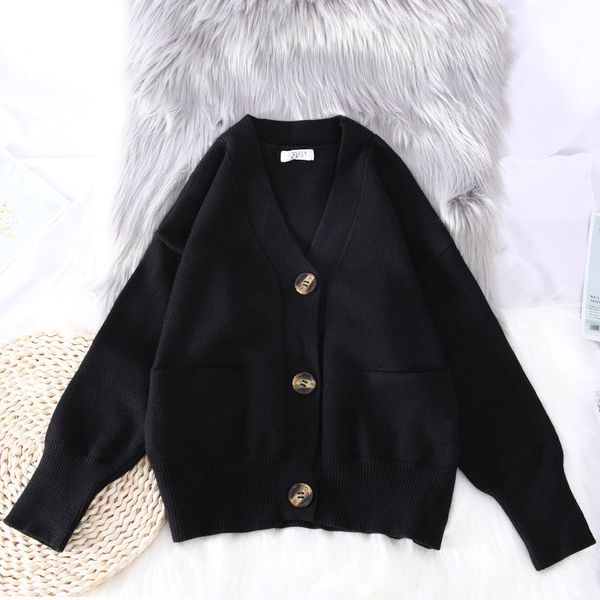 

black low-necked v-sweater cardigan women's knitted coat fall winter 2021 new loose style lazy european season c1hh, White