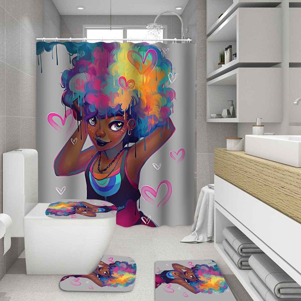 

cute loli african shower curtains afro american lady women colored hair bathroom set non-slip rugs toilet lid cover mat