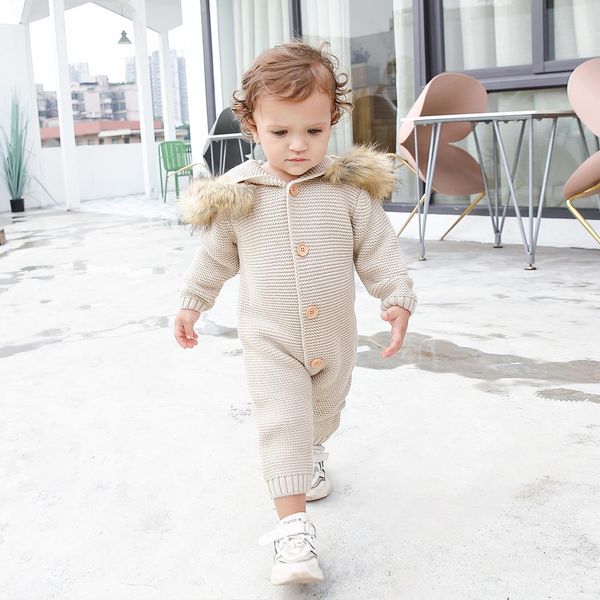 

infant baby rompers winter clothes newborn baby boy girl knitted sweater jumpsuit hooded fur kid toddler outerwear, Blue