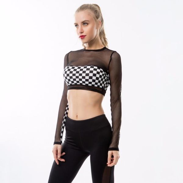 

women running shirts sports fitness full long sleeve t shirt ladies running short style mesh crop checkered patterns1, Black;blue