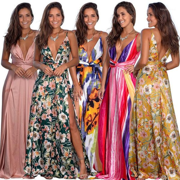 

2020 spring dress floral maxi dress long pleated dresses backless robe femme v neck long evenning1, Black;gray