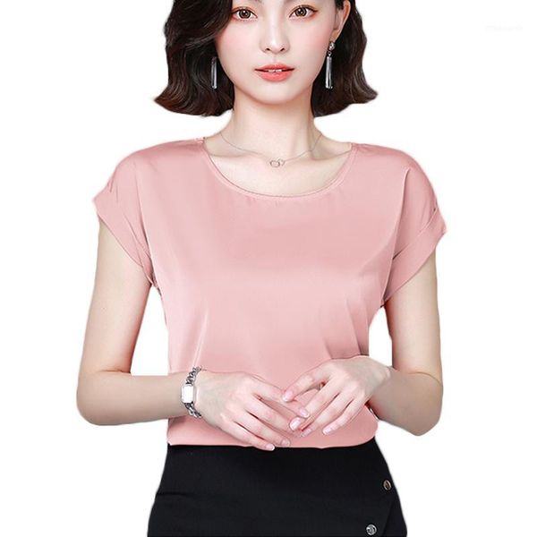 

new 2020 fashion summer women basic solid blouse chiffon short sleeve loose o-neck silk blouse lady female blusas plus size1, White