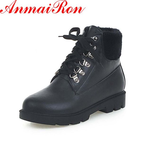 

boots anmairon autumn&winter shoes woman warm low heels ankle for women lace-up short plush platform, Black