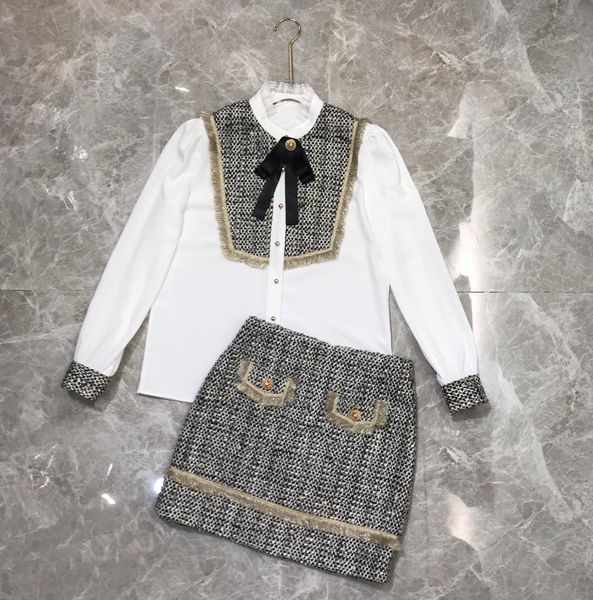 

2021 europe and the united states early spring new women's temperament standing collar bow thick long sleeve blouse half skirt suit, White