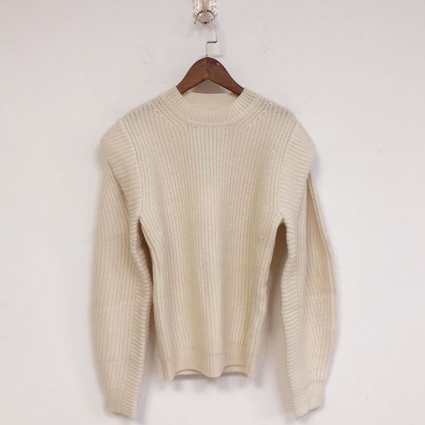 

2021 new structured ribbed beige knit sweater women autumn winter long sleeve o neck chic shoulder pullover casual vintage jumpers uh60, Black