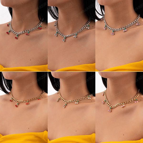 Iced Out Kristall Kirsche Seite Link Kette Halskette Anhänger Hip Hop Choker Charme Bling Glänzend Schlüsselbein für Frauen Mädchen