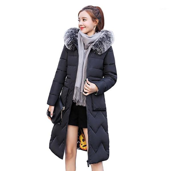 

women winter jacket double two sides printing ladies coat cotton padded warm slim female parka medium length hooded coats1, Black