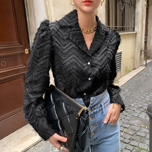 

2021 new female fashion chiffon loose solid carving net tassel blouse office lady only breasted wave shirts fall spring 5hzx, White