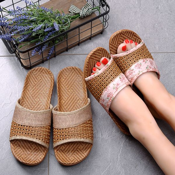 

summer women slippers indoor home non slip flats thick sole room floor slides cane weaving breathable casual ladies shoes men, Black