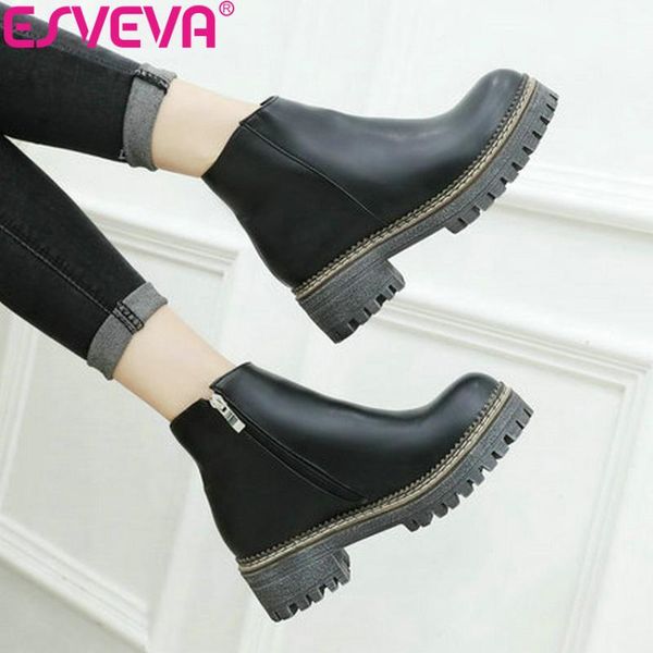 

esveva 2021 woman boots platform western style shoes round toe winter women ankle boots square high heels shoes zip size 34-43, Black