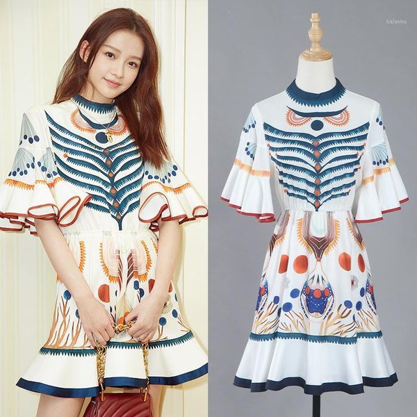 

casual dresses sun yiwei po with money in the summer of 2021 female ruffled horn sleeve printed fashion dress a-line1, Black;gray