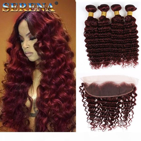 

99j deep wave hair with lace frontal brazilian virgin hair deep wave curly 99j wine red hair 4 bundles with 13x4 frontal burgundy colored, Black;brown