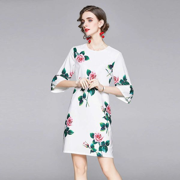 

autumn 2020 new fashion flower women's print pattern loose casual 3 / 4 sleeve drs, Black;gray