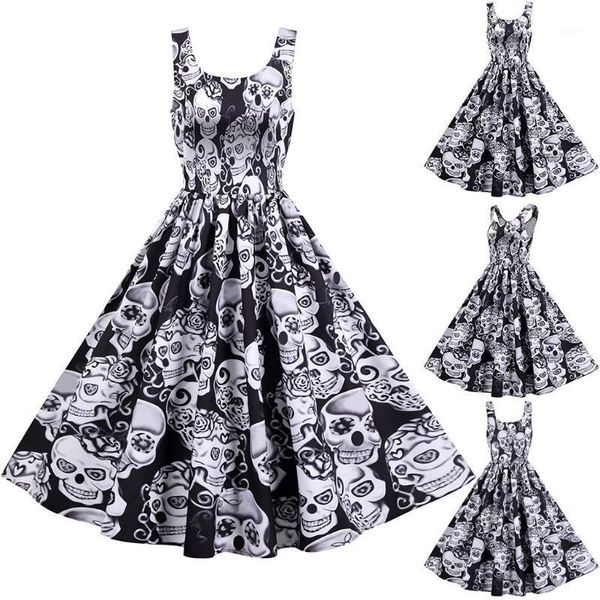 

#h40 skull print halloween dress women vintage o neck sleeveless evening party dresses for women tank mid-calf dress1, Black;gray