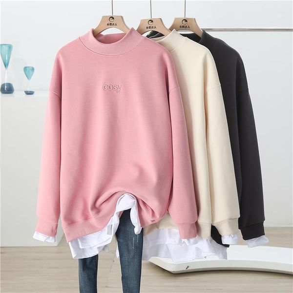 

plus velvet medium-long thick warm sweatshirt autumn winter loose high collar faux two piece pink long sleeve pullovers 1, Black
