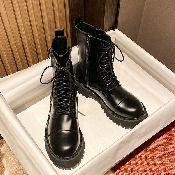 

boots 2021 autumn women motorcyle platform lace up ankle boot sewing black chunky booties zip round toe botas mujer spring 8704l