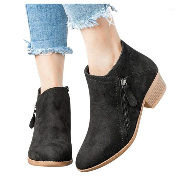 

slash side zipper flock snow boots women platform shallow short boots women 2020 casual fashion ladies simple british style shoe1, Black