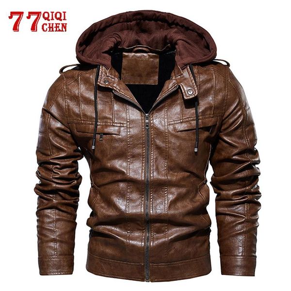 

men's hooded pu jacket autumn winter slim faux leather jackets male drop shipping plus size 5xl removable hat, Black