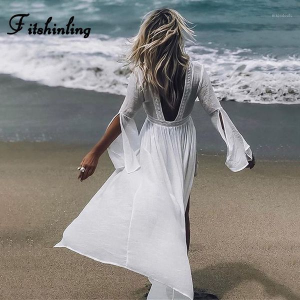 

fitshinling backless v neck beach cover up swimwear lace splice split flare sleeve white long cardigan summer bikini outerwear1
