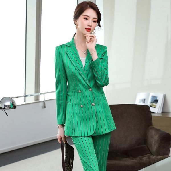 

izicfly autumn winter new style striped green woman suits with pant office ladies elegant business long blazer set and trouser1, White