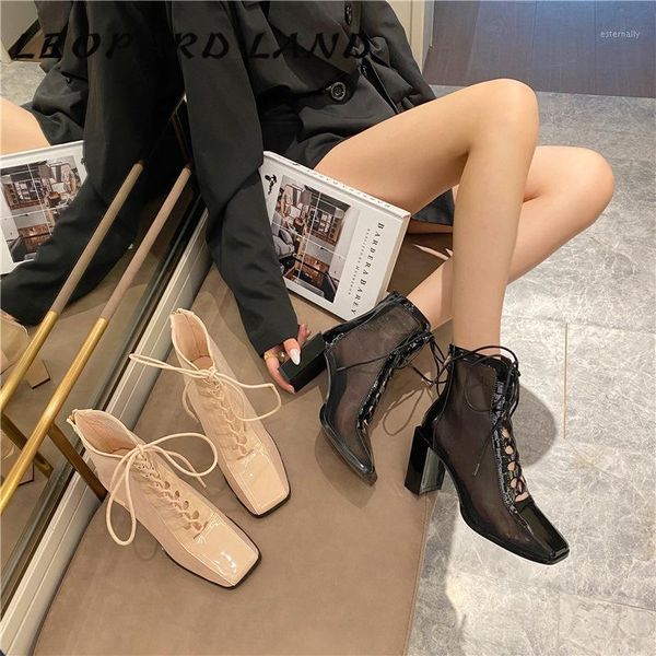 

boots leopard land women's mesh sandal 2021 autumn ankle short chunky heel breathable high-heeled sandals -226-11, Black