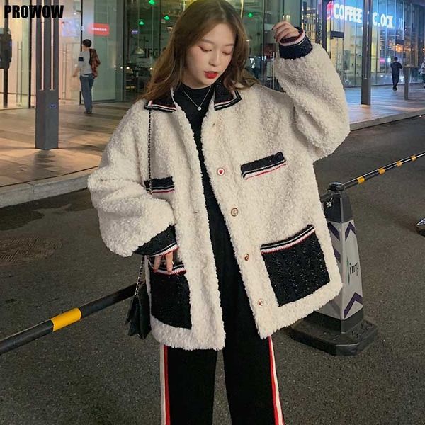 

one-piece women granulated lamb wool coat korean loose casual warm jackets 2020 autumn winter women's long sleeve cardigan coats, Tan;black