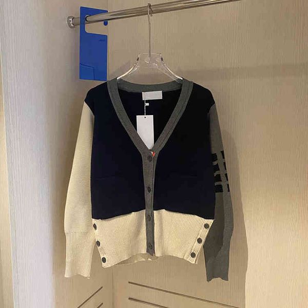 

autumn new college style four bar v-neck knitted cardigan women's contrast color splicing thin long sleeve sweater category clothing ou, White;black