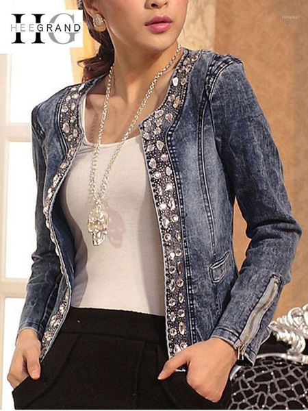 

hee grand jeans jackets women chaqueta mujer autumn denim jacket casaco women crystal slim short outwear plus size s-4xl wwj9201, Black;brown