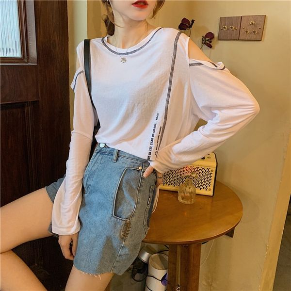 

korean early autumn 2020 new women's wear t-shirt korean version loose and versatileopen lineshoulder design feeling long sleeve t-shir, White