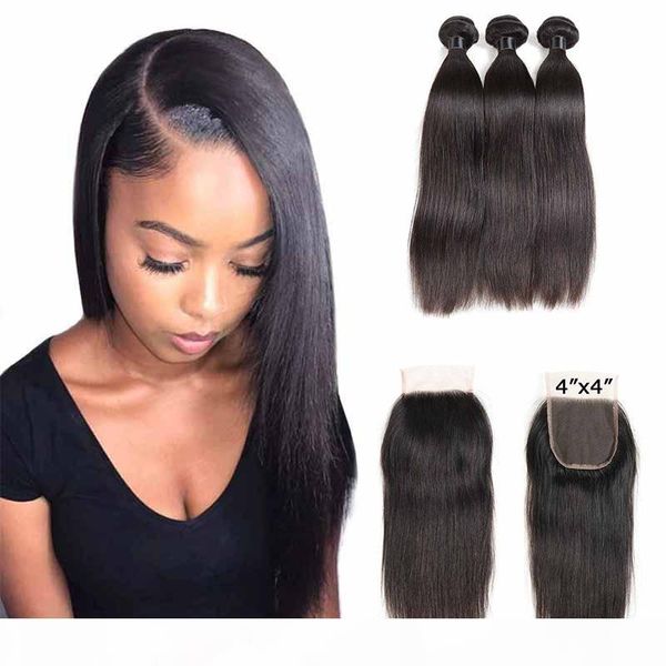 

brazilian straight hair 3 bundles with closure remy human hair bundles with 4x4 closure straight 3 bundles with lace closure, Black