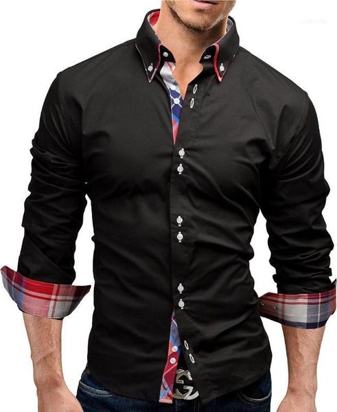 Marca 2017 moda masculina camisa de mangas compridas topos gola dupla camisa de negócios dos homens camisas de vestido magro 3xl11288v