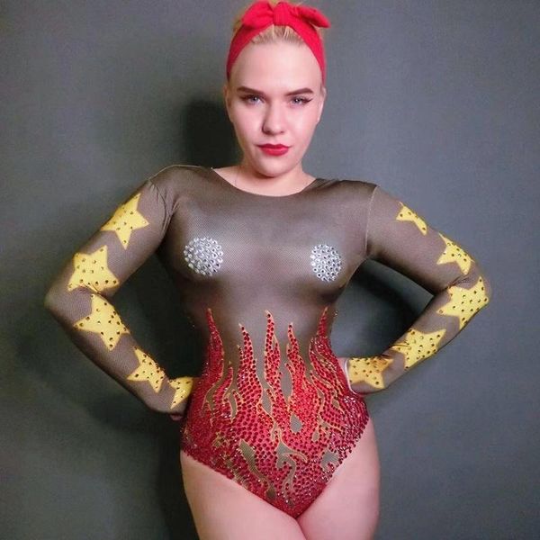 

stage wear glisten rhinestones bodysuit long sleeve stretch romper women's party prom bar nightclub outfit singer show dance costume, Black;red