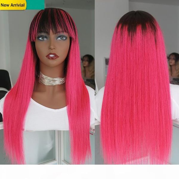 

colorful pink silky straight malaysian remy human hair wigs with bangs for black women 150% 1b pink glueless non lace ombre wig, Black;brown