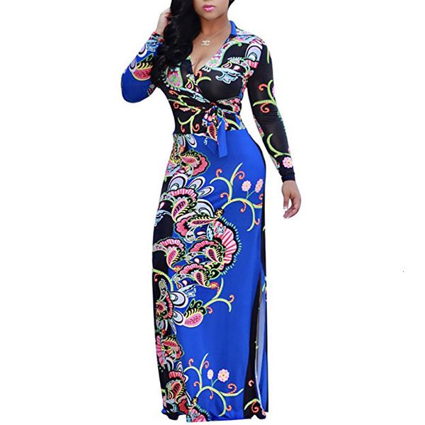 

mc 824030 european and american autumn ladys printed new large size women's long-sleeved v-neck waist dress for girl