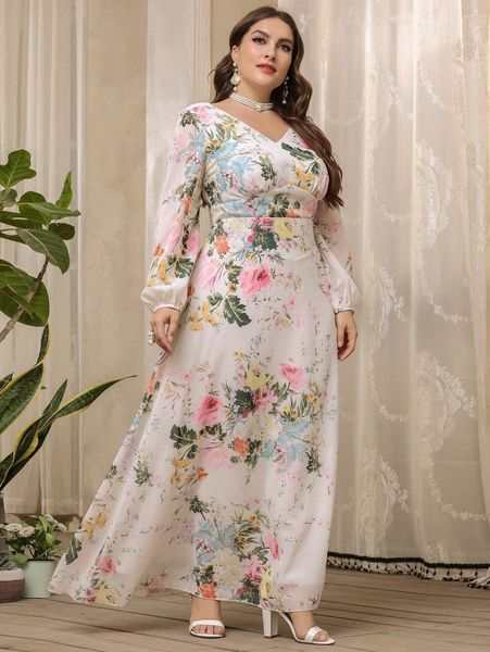 

plus floral v-neck bishop sleeve maxi dress r04l#, Black