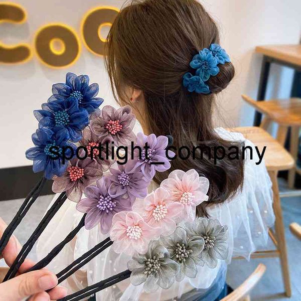 

new women elegant bud chiffon flowers bun maruko hairstyles making long tools sweet headband hairbands fashion hair accessories, Slivery;white