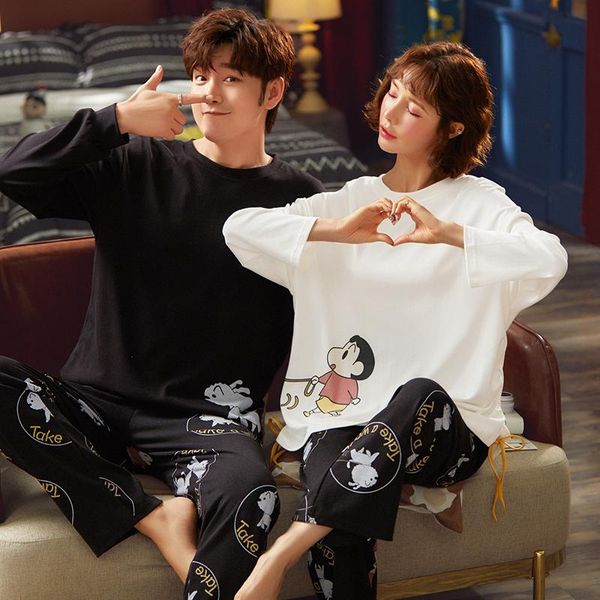 

men's sleepwear purecotto pullover long sleeve trousers boy girl pajama jammies autumn winter couples lovers casual o-neck nightwear py, Black;brown