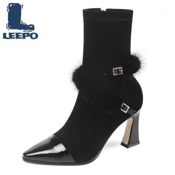 

women mid calf boots cow leather stretch fabric zipper high heels female shoes thick boots for woman 20201, Black