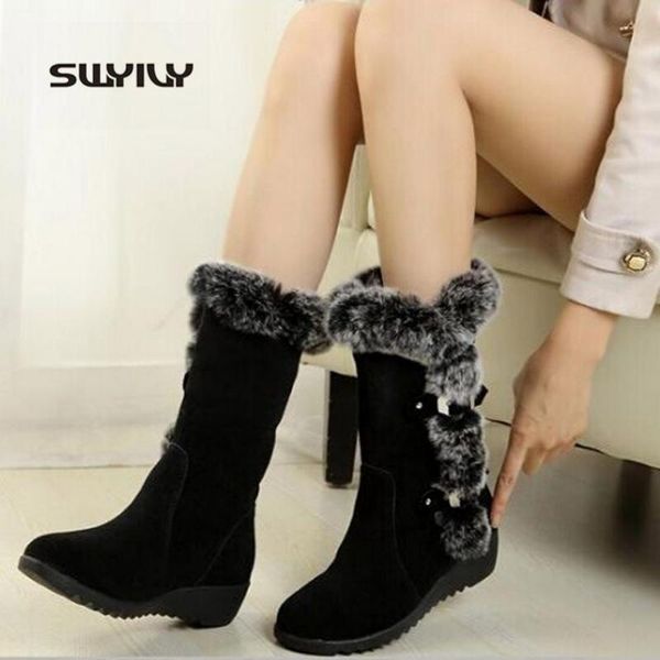 

swyivy mid calf snow boots woman 2020 winter boots women's shoes wedge heel black shoes casual femlae fur snowboots platform 42