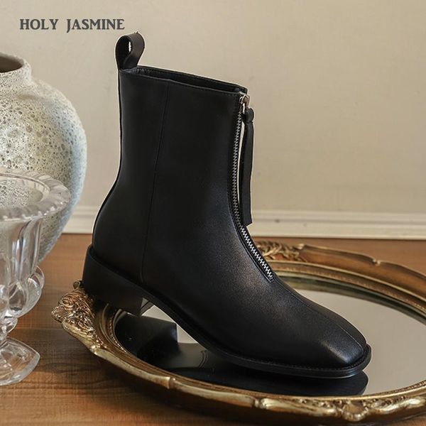

genuine leather women boots spring/autumn low (1cm-3cm) flat with ankle boots square toe zip basic shoes woman microfiber solid, Black