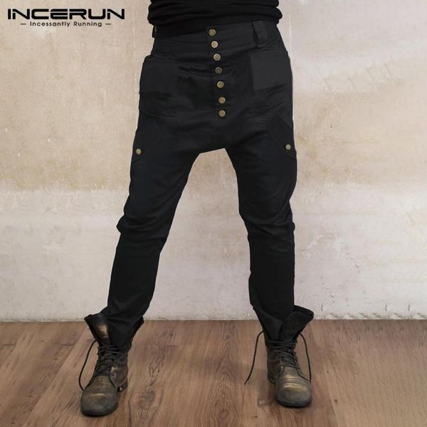 

mens loose streetwear pants incerun mens pants solid drop crotch trouser vintage pocket harem buttons cargo jogger s-5xl 7, Black