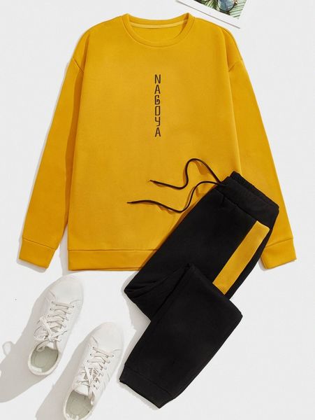 

men letter graphic pullover & drawstring waist sweatpants h25j#, Gray