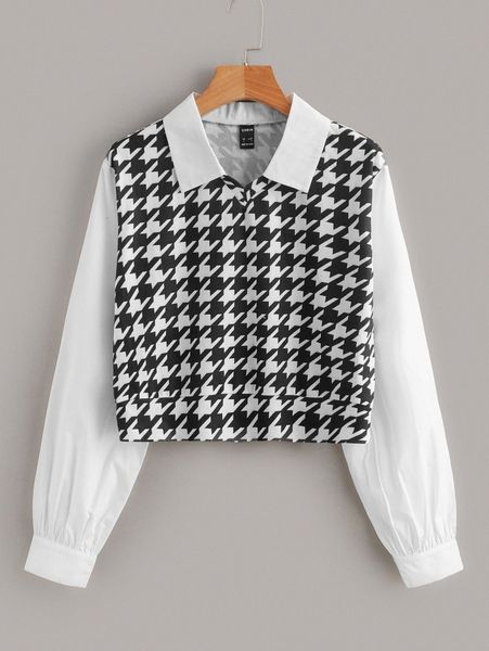 

v-neck collared houndstooth paneled 99qe#, White