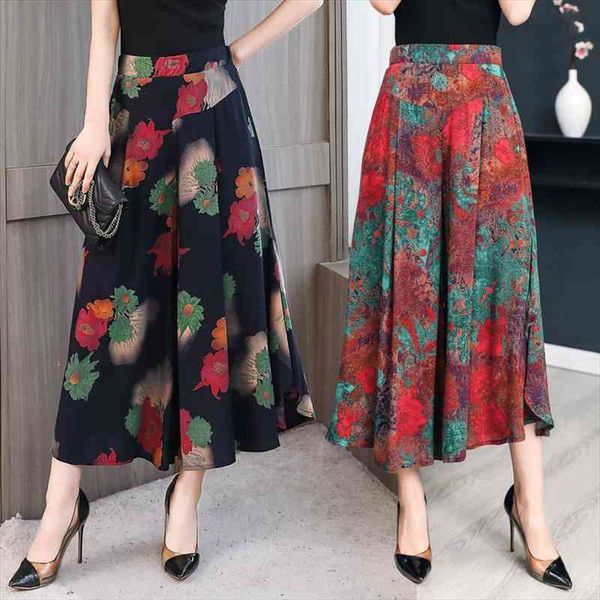 

women summer plus size 4xl cotton pants print wide leg pants women elastic waist skirt loose wide leg trousers, Black;white